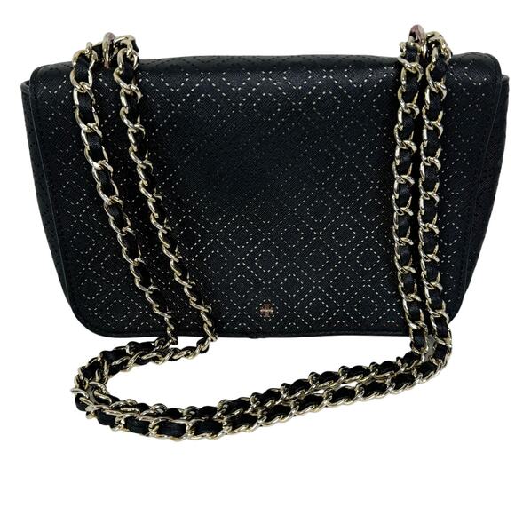Tory Burch Black Robinson Perforated Diamond Chain Shoulder bag - Picture 1 of 12